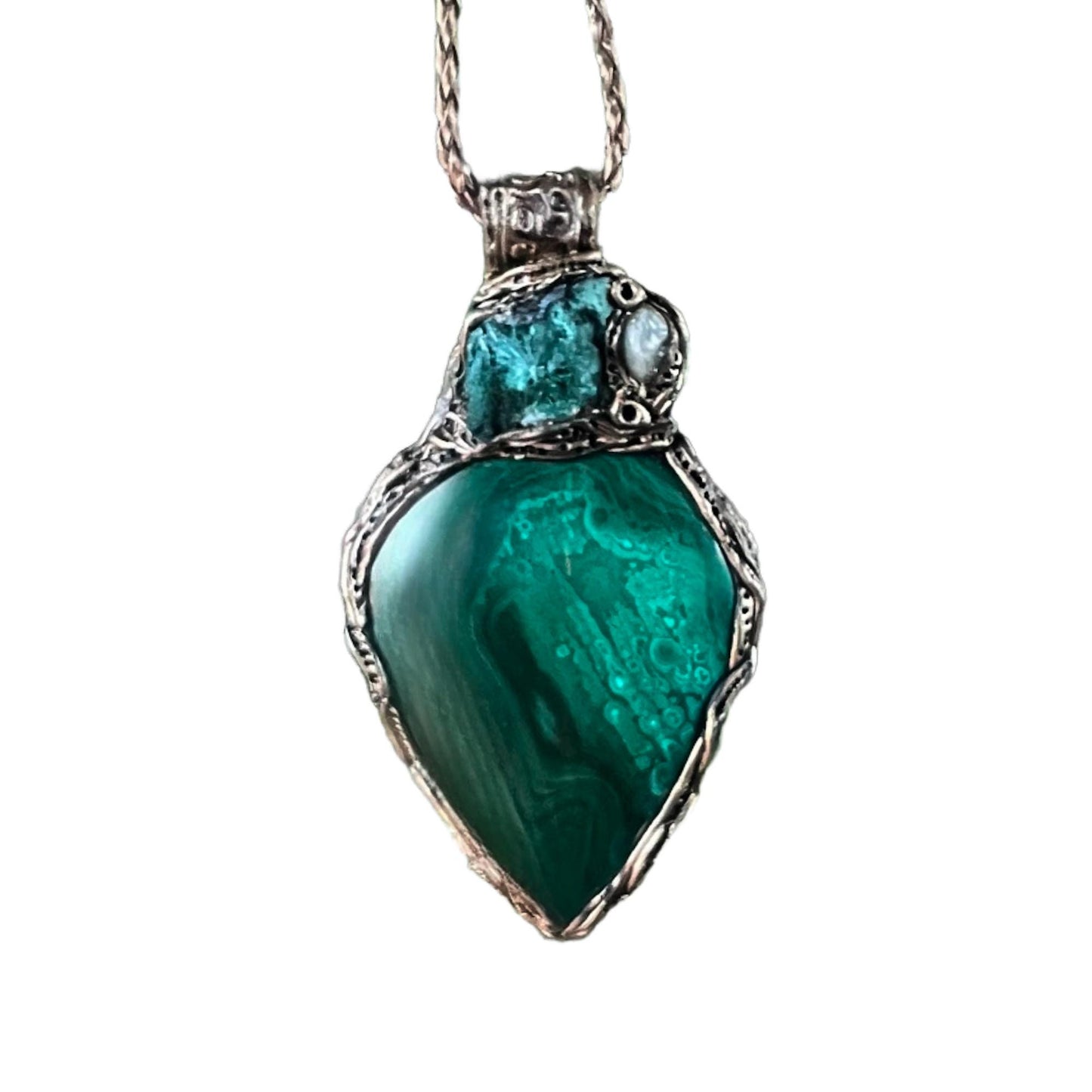 Malachite Chunky Pendant Necklace: Corduroy and Teardrop Amulet