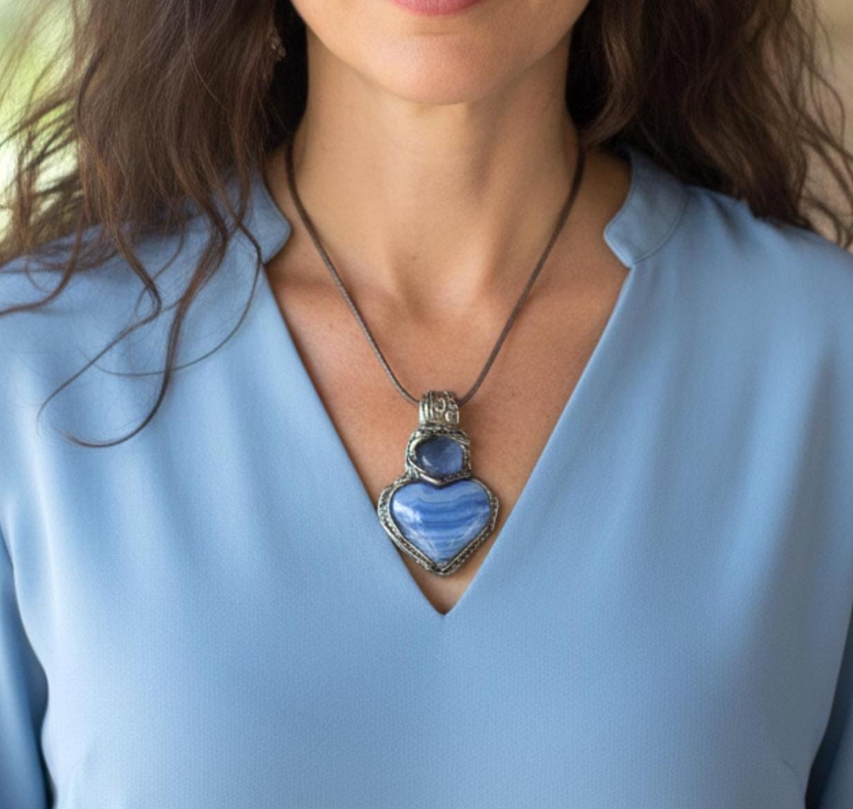 Blue Lace Agate and Chalcedony Heart Stone Pendant Necklace - Healing Crystal Amulet