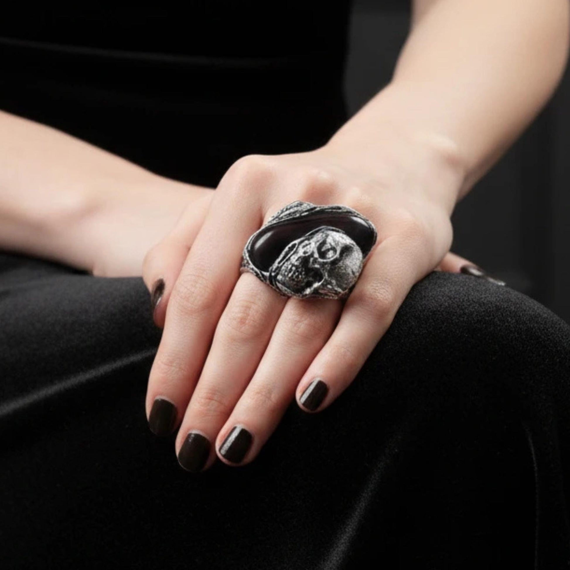 Black Onyx Skull Ring - Gothic Ring for women