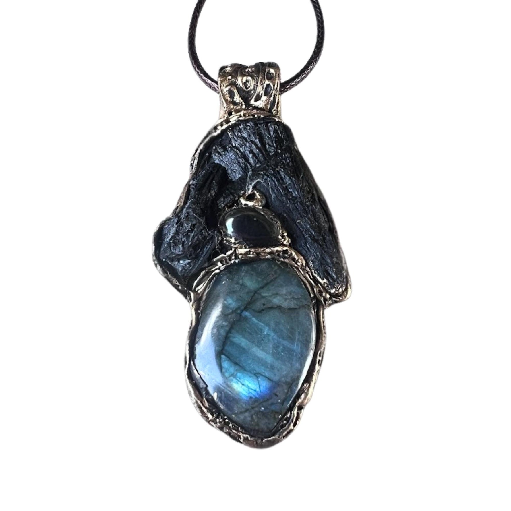 Labradorite Black Kyanite and Hematite Pendant Necklace -  Empath Protection Amulet