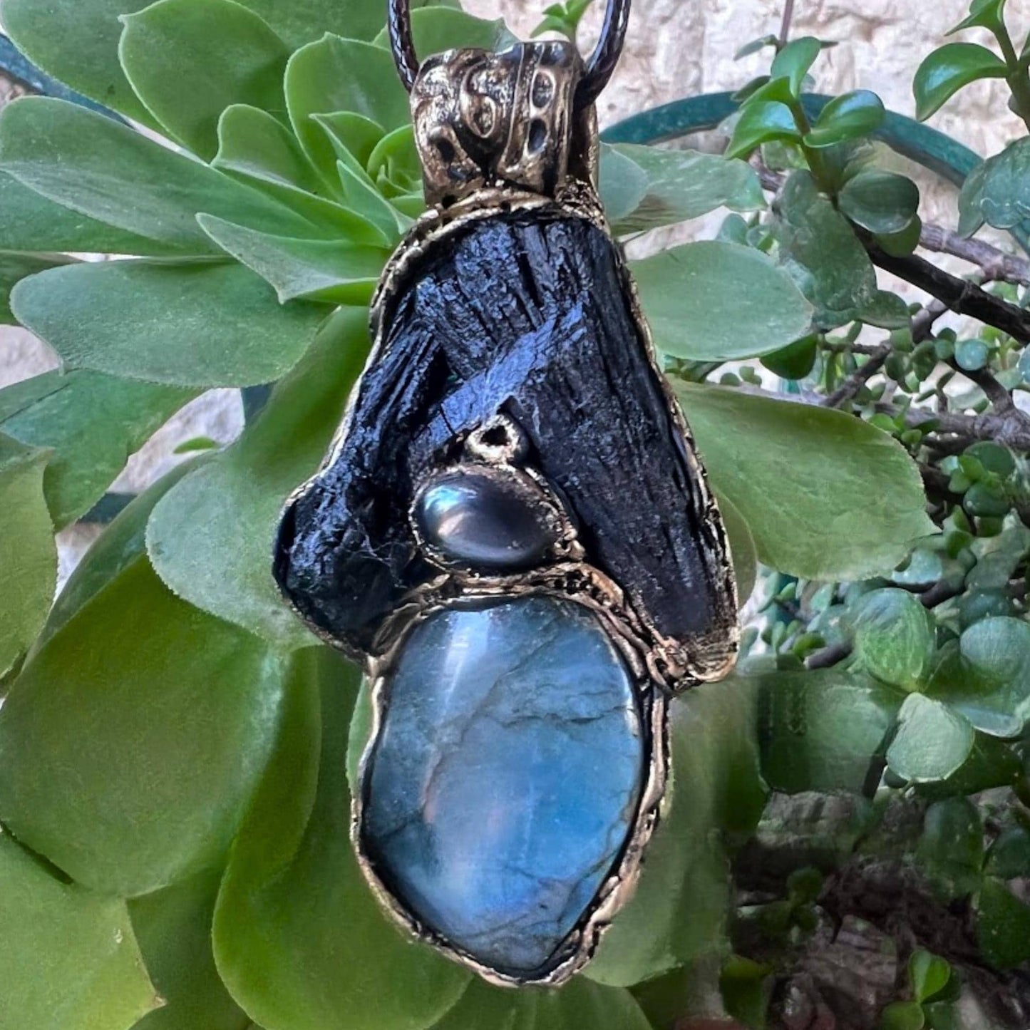 Labradorite Black Kyanite and Hematite Pendant Necklace -  Empath Protection Amulet