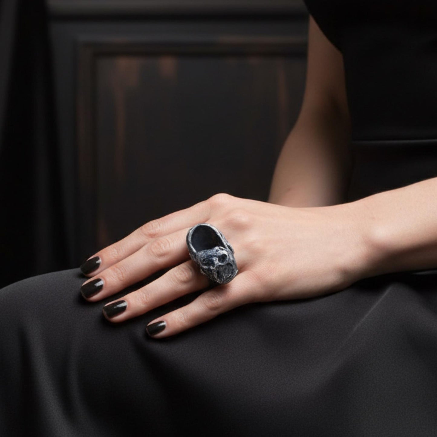 Black Onyx Skull Ring -  Gothic Sculptural Statement Ring for Women