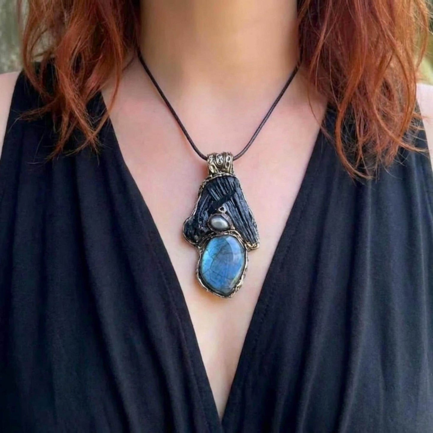 Labradorite Black Kyanite and Hematite Pendant Necklace -  Empath Protection Amulet