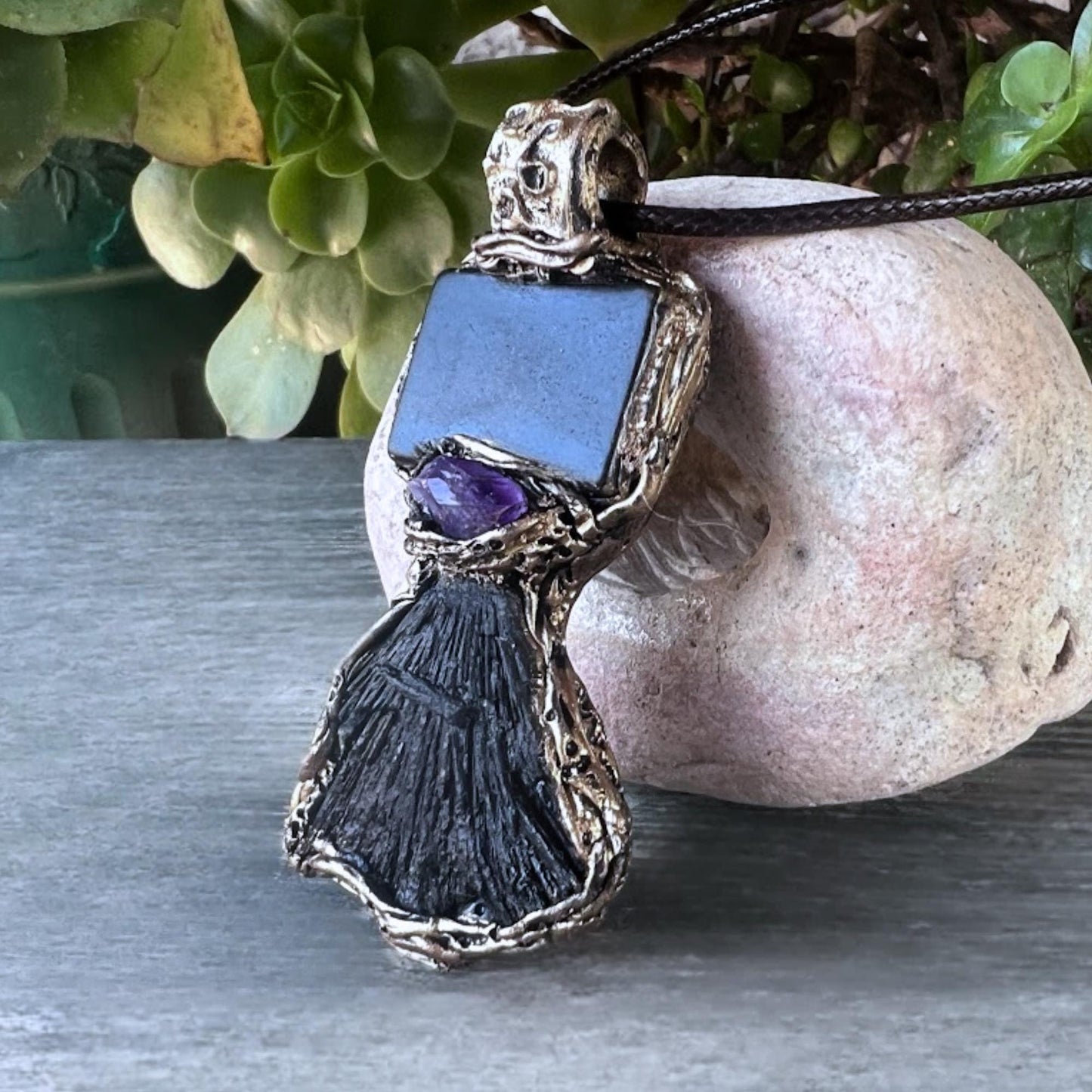 Shungite Kyanite Amethyst Pendant Necklace -  Protection Crystal Amulet