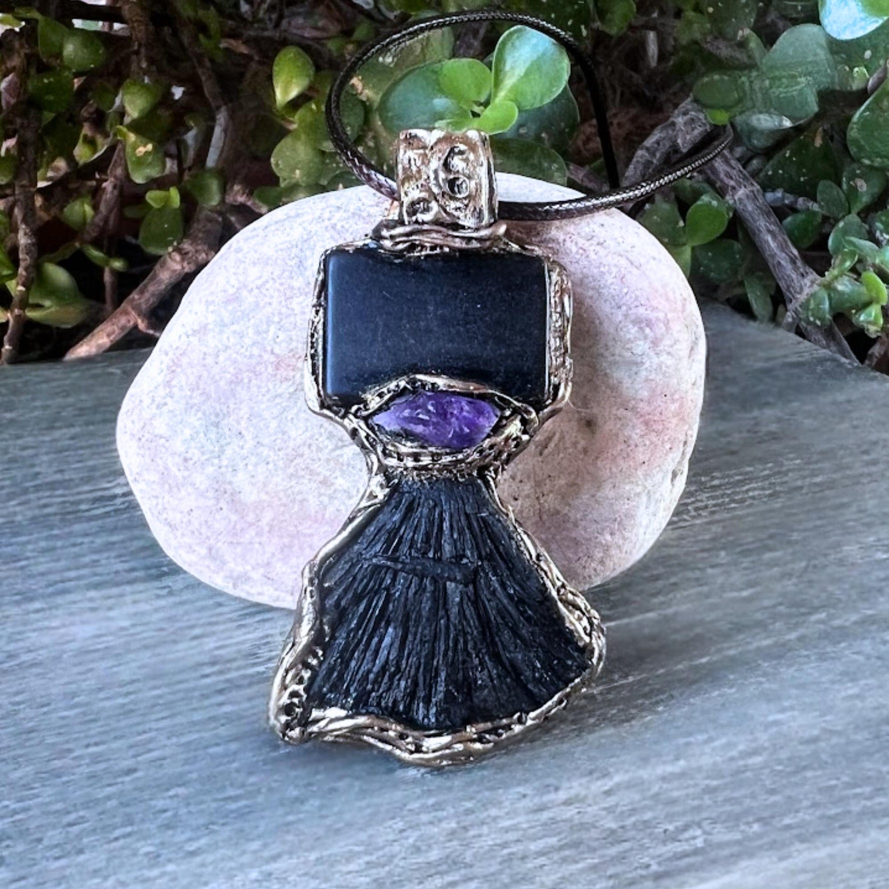 Shungite Kyanite Amethyst Pendant Necklace -  Protection Crystal Amulet