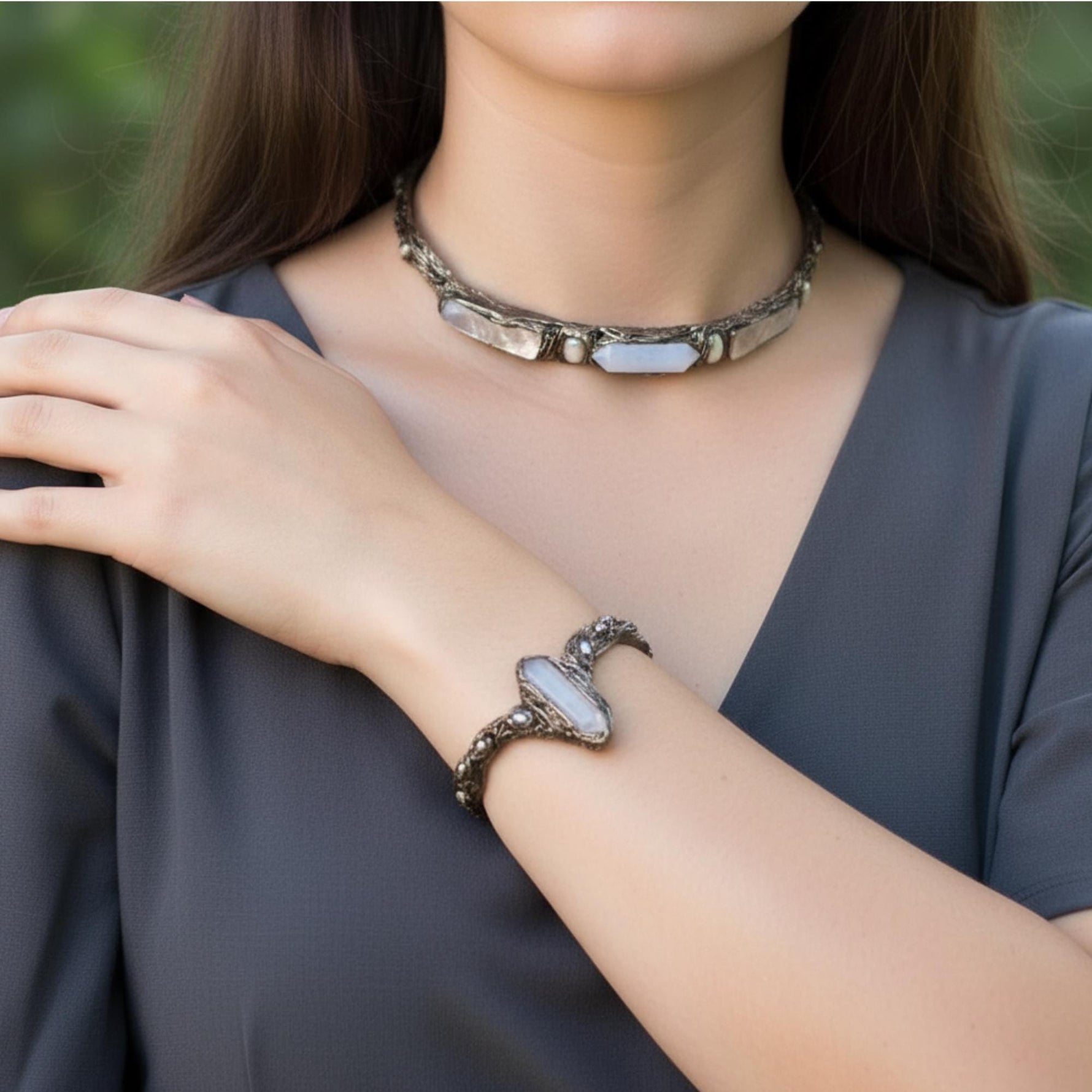 Mother of Pearl Statement Choker Necklace with Quartz and Baroque Pearls