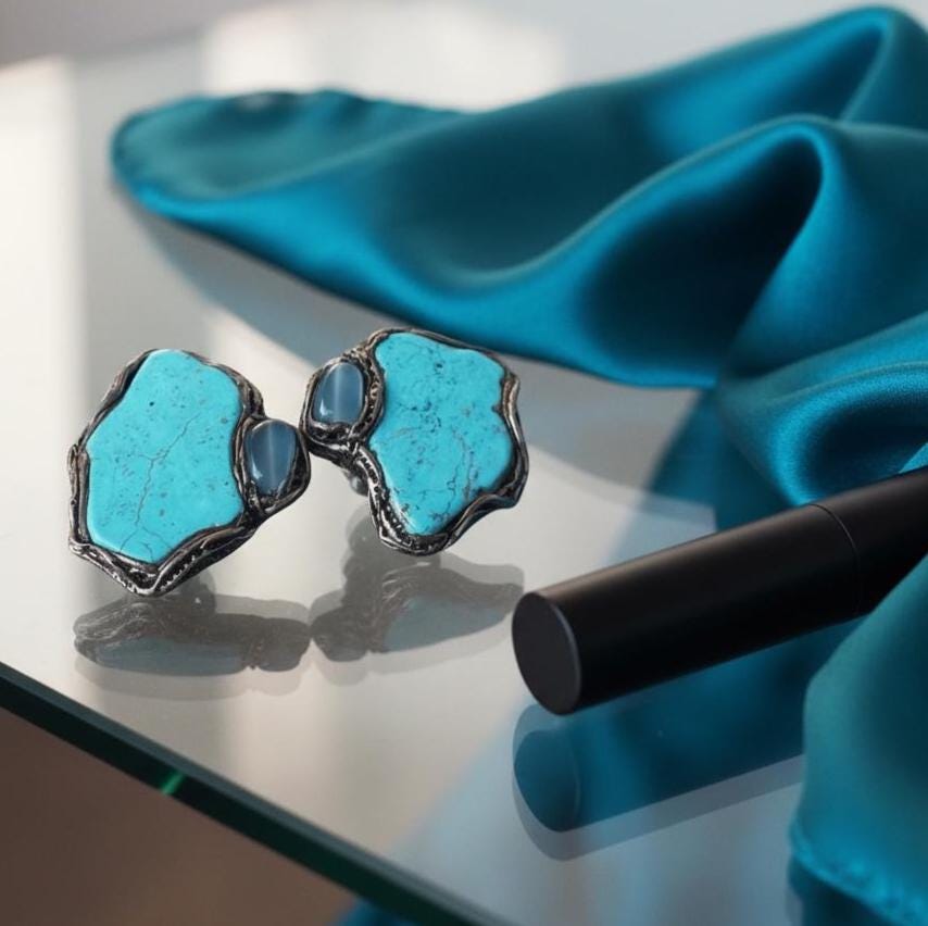 Turquoise and Chalcedony Statement Earrings -  Large Stone Clip-On Earrings