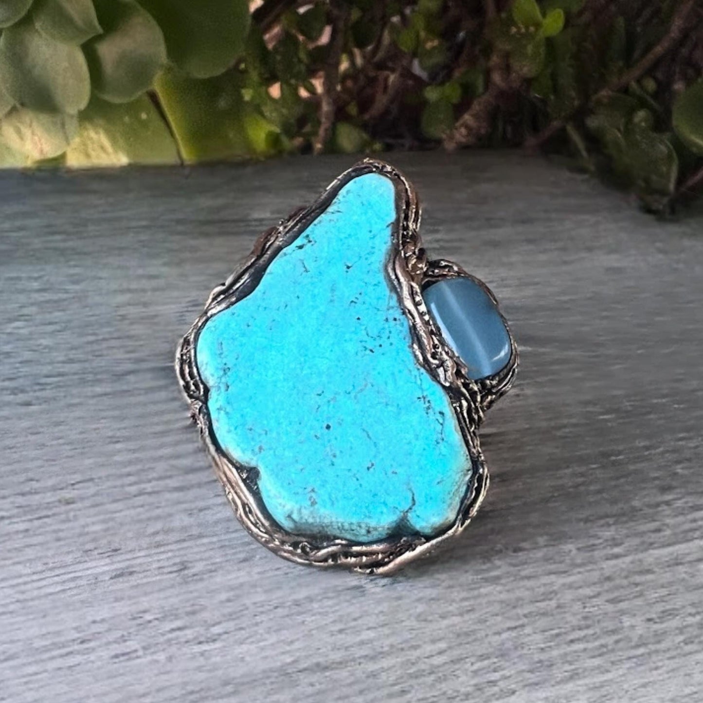 Turquoise Howlite and Chalcedony Large Statement Ring Oversized Cocktail Ring