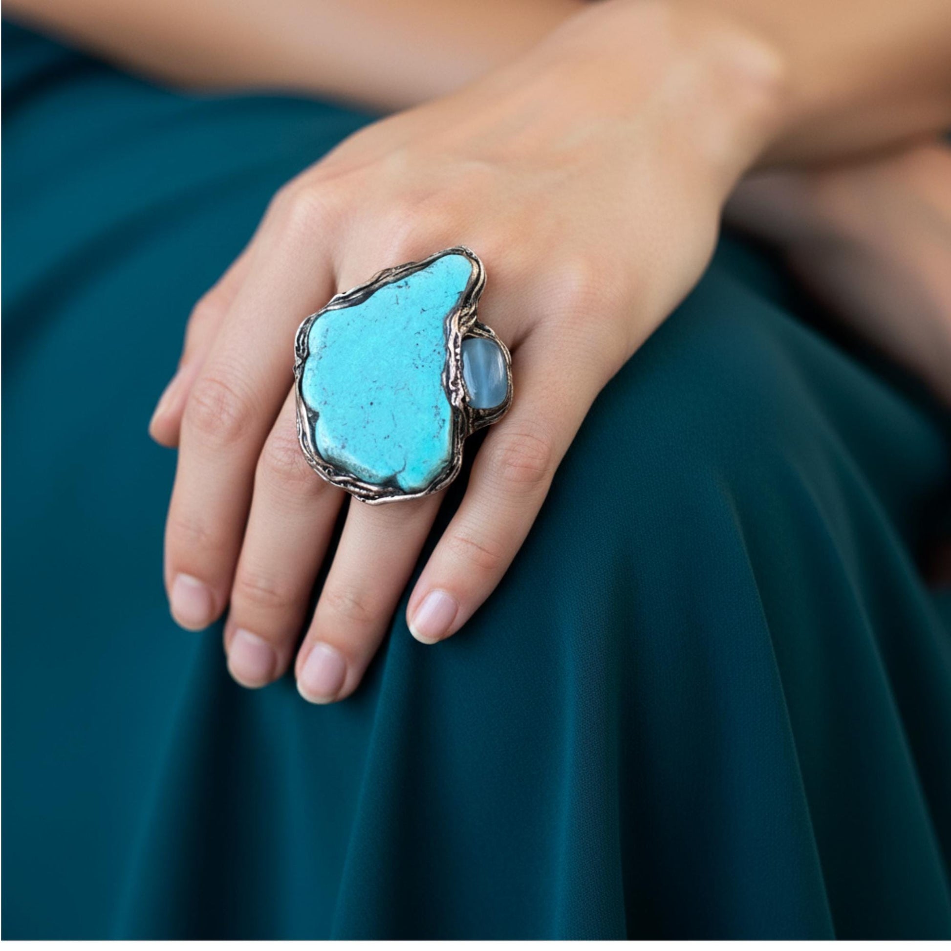 Turquoise Howlite and Chalcedony Large Statement Ring Oversized Cocktail Ring