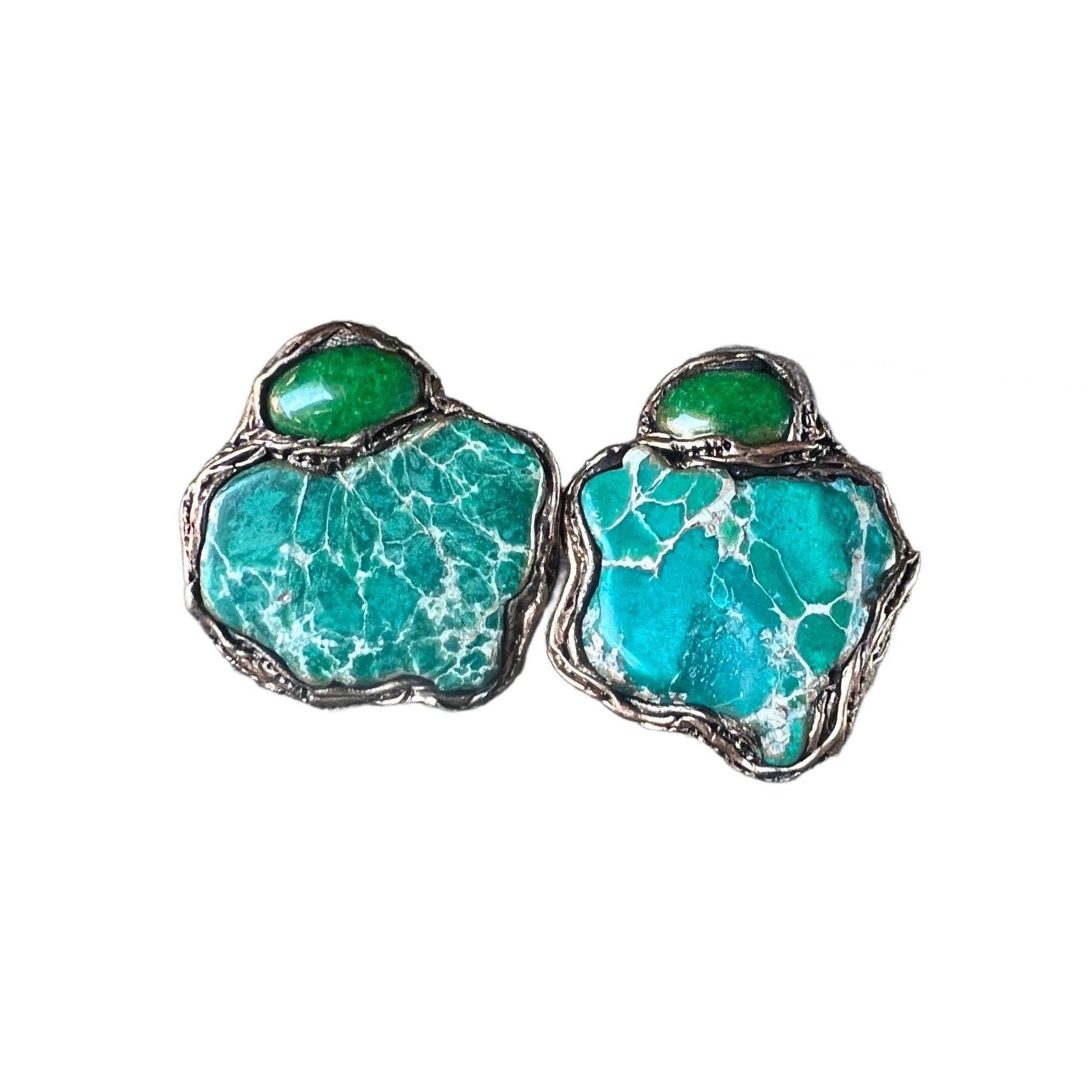 Ocean Jasper and Jadeite Statement Earrings -  Large Green Stone Clip-On Earrings