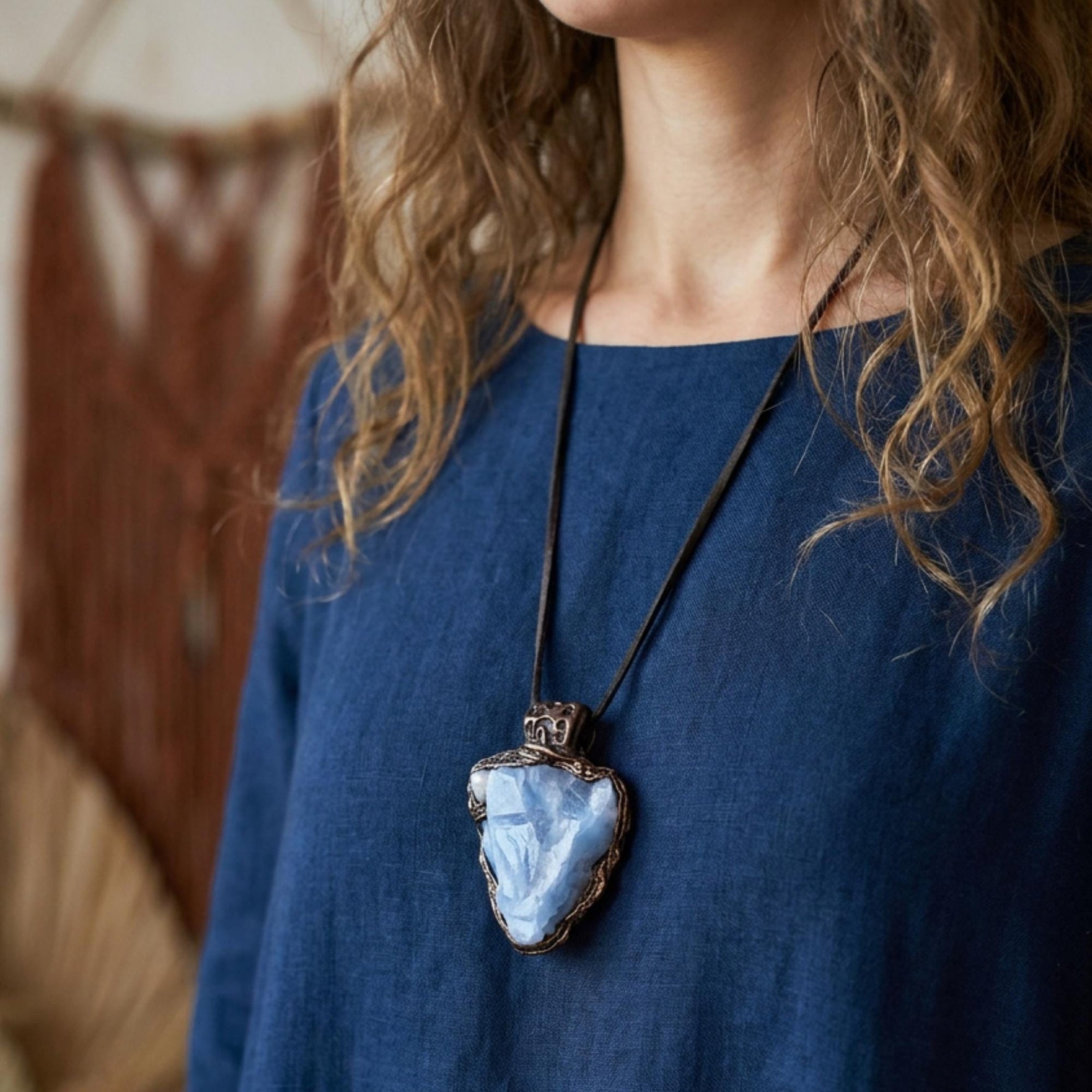 Raw Blue Calcite Crystal Pendant Necklace - Healing Stone Jewelry