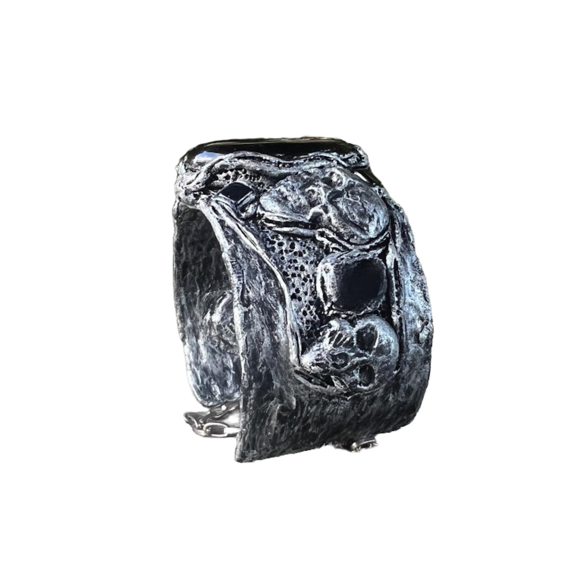 Gothic Skull Wide Cuff Onyx Bracelet -  Unique Gothic Wedding Jewelry