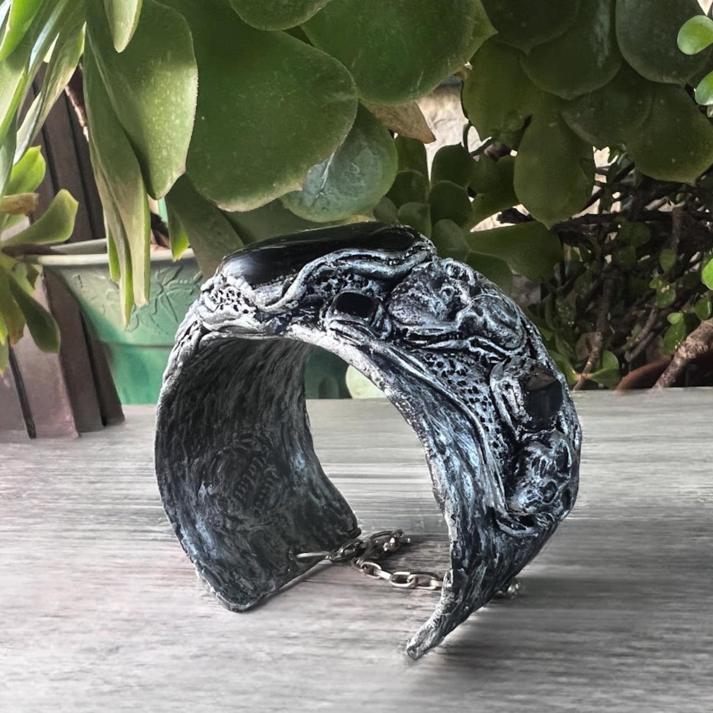 Gothic Skull Wide Cuff Onyx Bracelet -  Unique Gothic Wedding Jewelry
