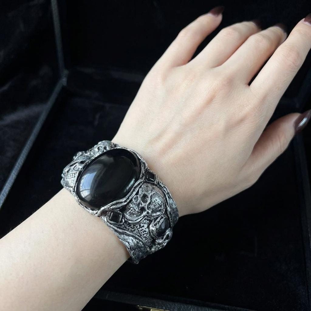Gothic Skull Wide Cuff Onyx Bracelet -  Unique Gothic Wedding Jewelry