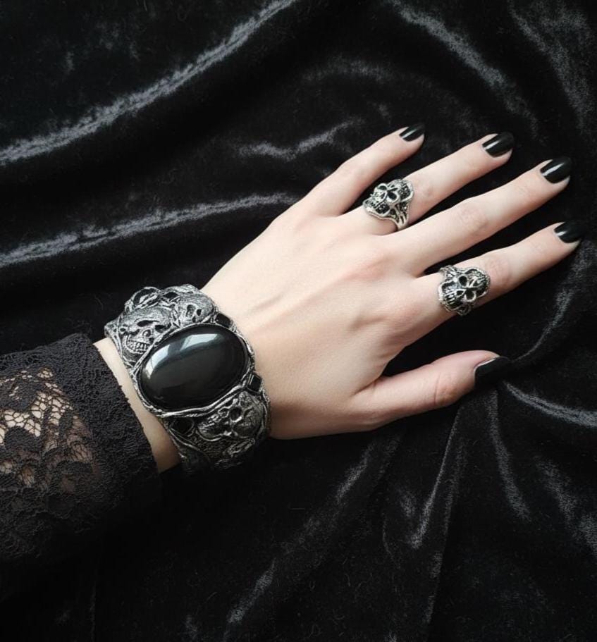 Gothic Skull Wide Cuff Onyx Bracelet -  Unique Gothic Wedding Jewelry