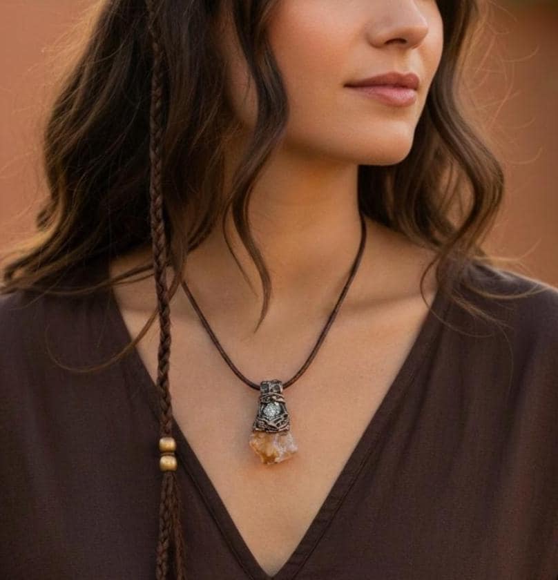 Citrine and Pyrite Pendant Necklace -  Good Luck Raw Crystal Amulet