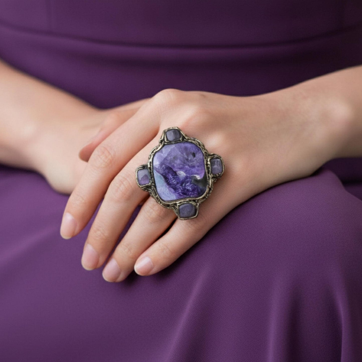 Oversized Charoite Ring -  Large Purple Stone Statement Cocktail Ring