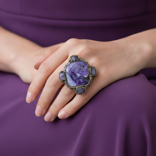 Oversized Charoite Ring -  Large Purple Stone Statement Cocktail Ring