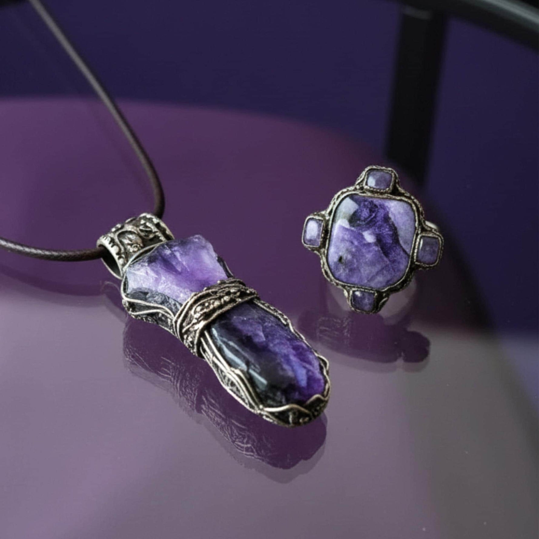 Oversized Charoite Ring -  Large Purple Stone Statement Cocktail Ring