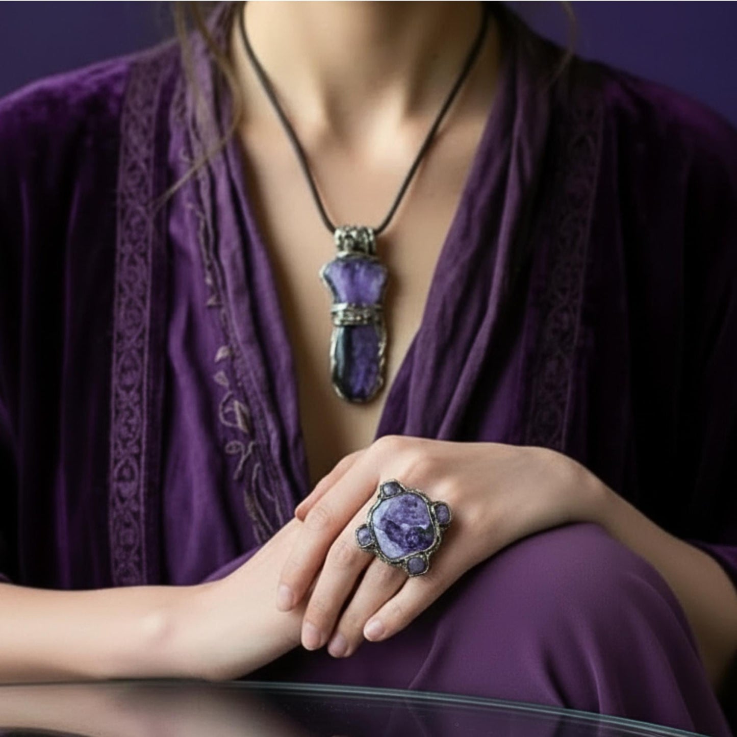 Amethyst Charoite Crystal Necklace - Purple Gemstone Pendant