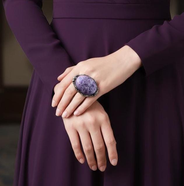 Chunky Purple Charoite Ring - Statement Gemstone Oval Cocktail Ring