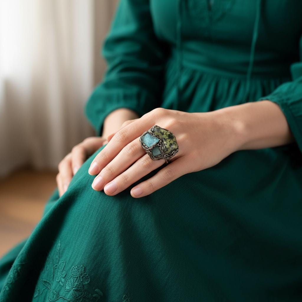 Chunky Green Stone Ring -  Serpentine Fluorite and Aventurine Oversized Cocktail Ring