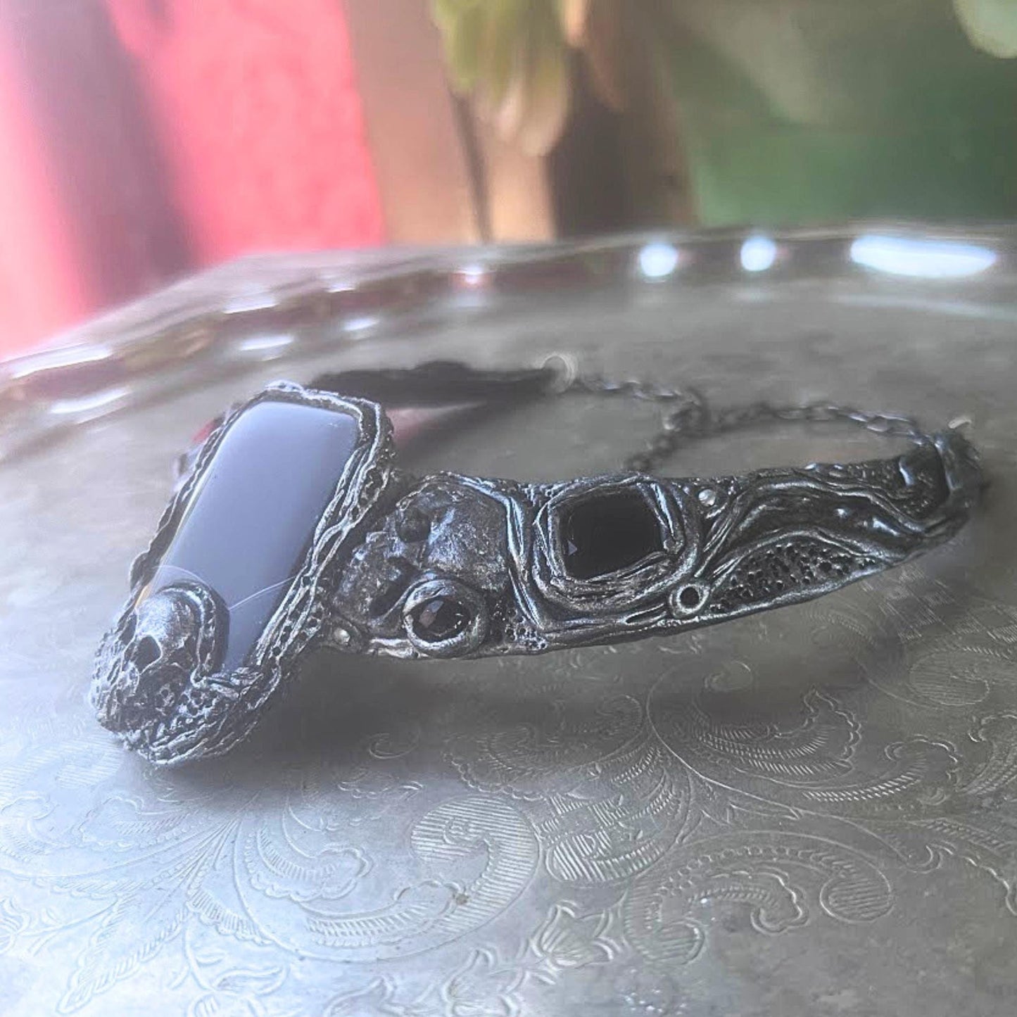 Onyx Skull Choker Necklace -  Gothic Statement Jewelry