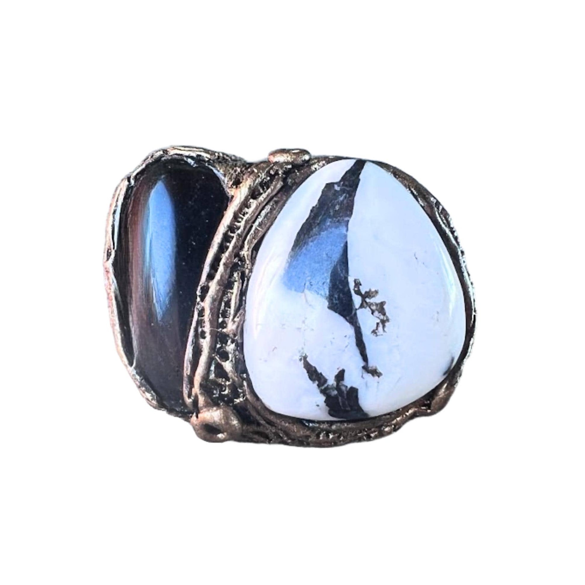 Moonstone Tourmaline and Black Onyx Ring Chunky Cocktail Statement Ring