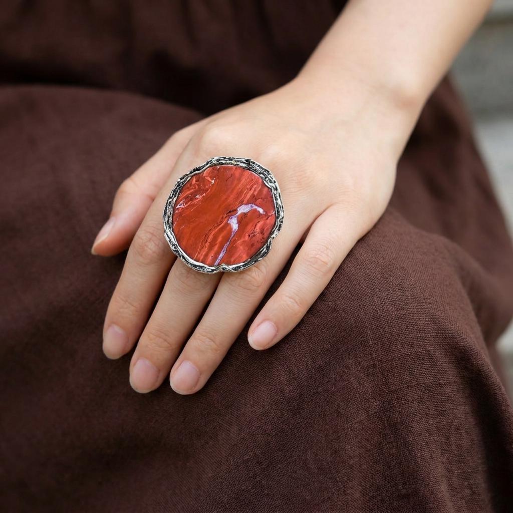 Big Red Jasper Chunky Large Stone Ring Huge Oversized Round Cocktail Ring