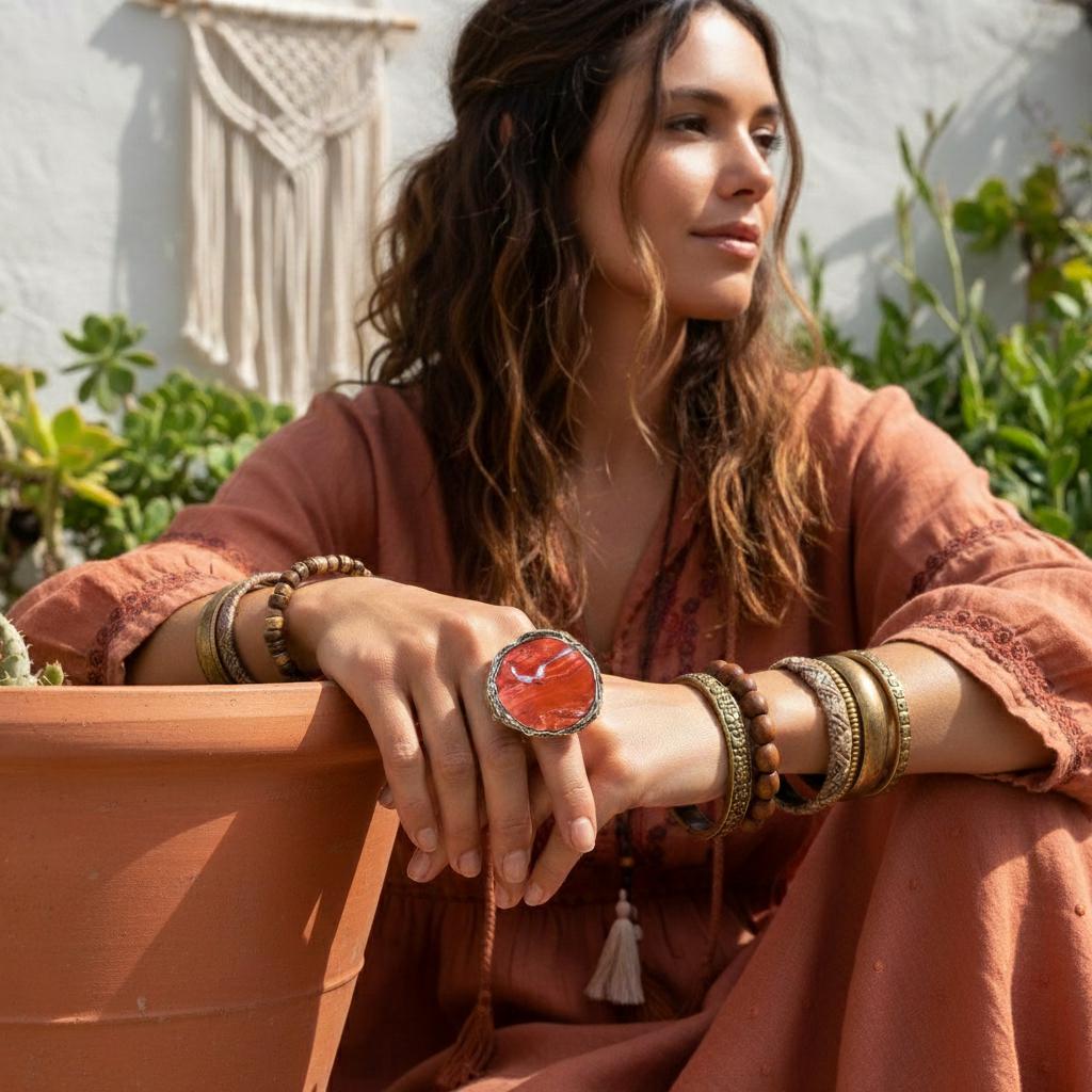 Big Red Jasper Chunky Large Stone Ring Huge Oversized Round Cocktail Ring