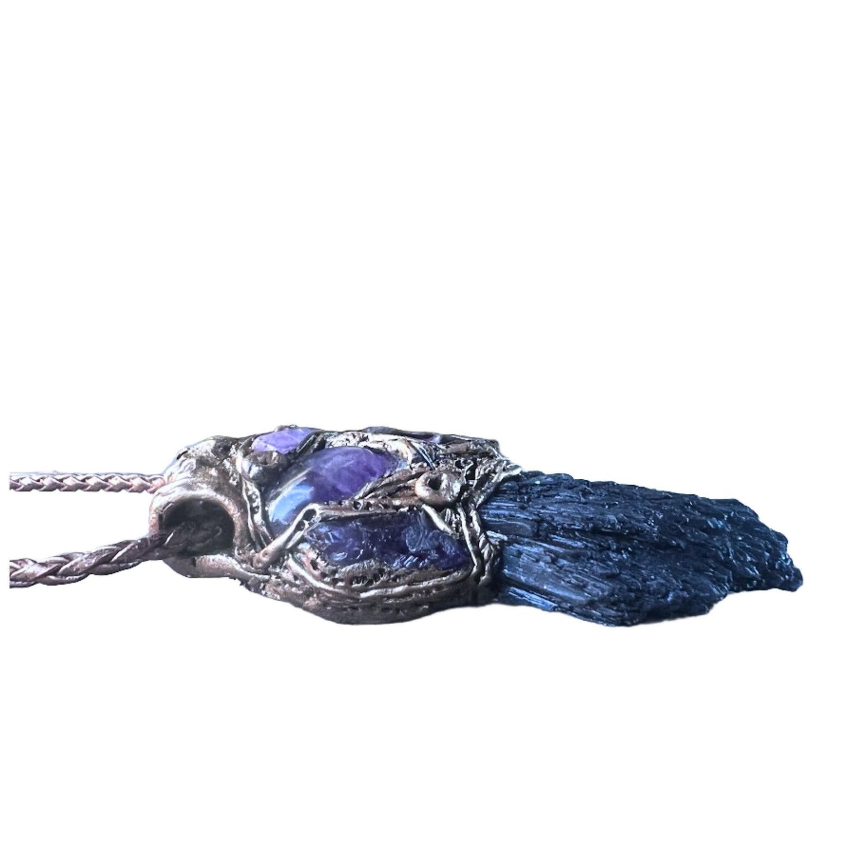 Black Kyanite and Amethyst Pendant Necklace Empath Protection Crystal Amulet