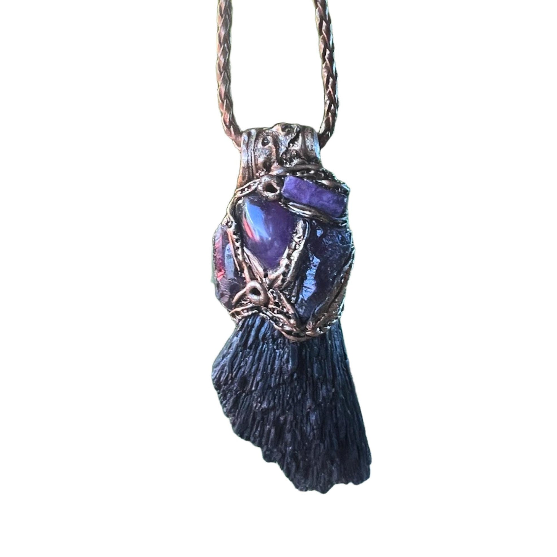 Black Kyanite and Amethyst Pendant Necklace Empath Protection Crystal Amulet