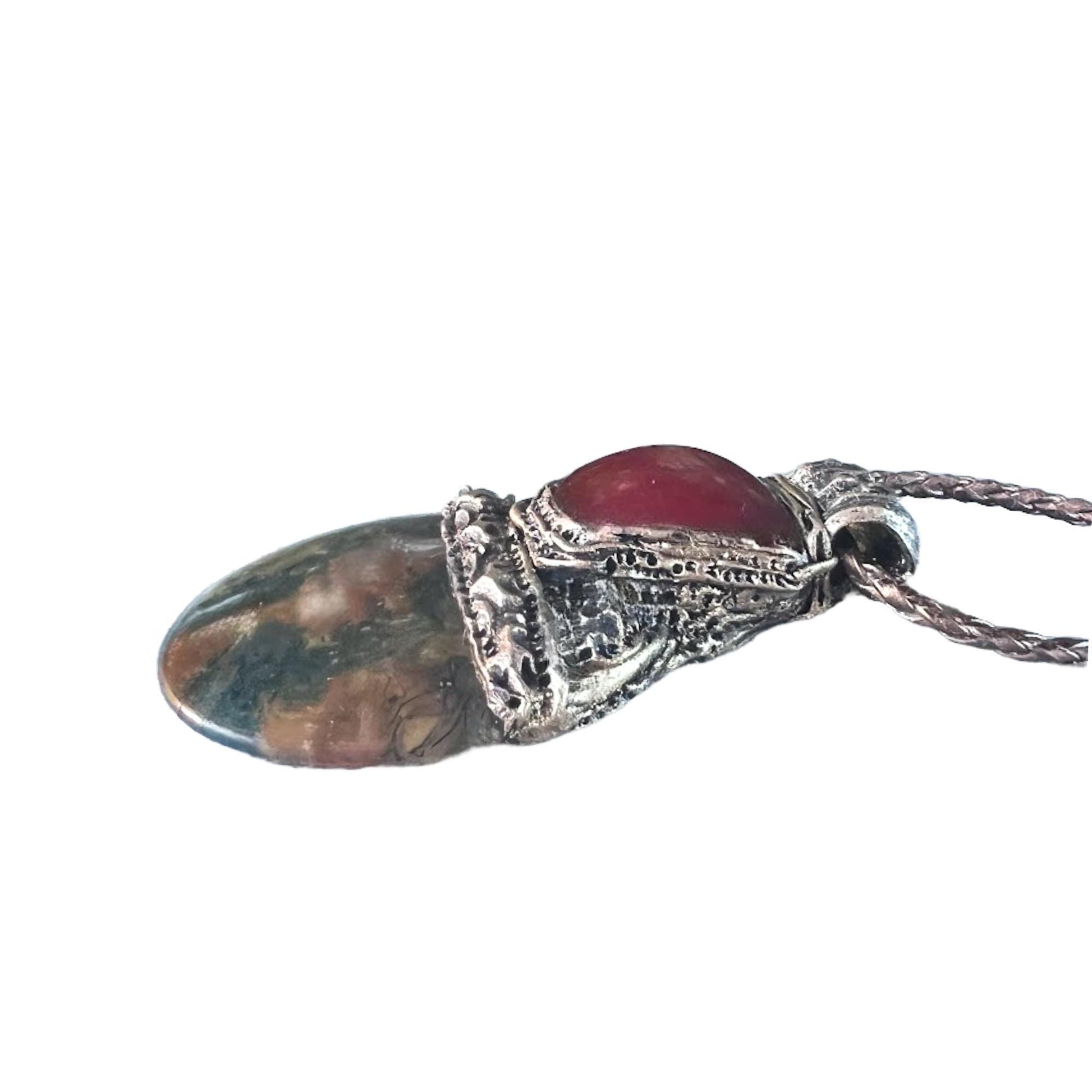 Red Moss Agate and Carnelian Pendant Necklace -  Unique Crystal Amulet