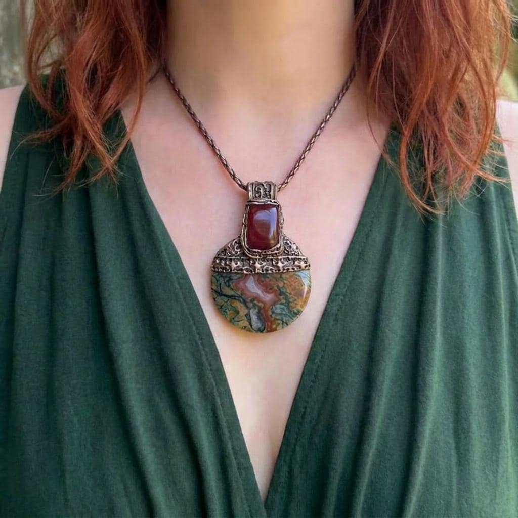 Red Moss Agate and Carnelian Pendant Necklace -  Unique Crystal Amulet
