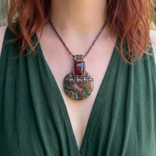 Red Moss Agate and Carnelian Pendant Necklace -  Unique Crystal Amulet
