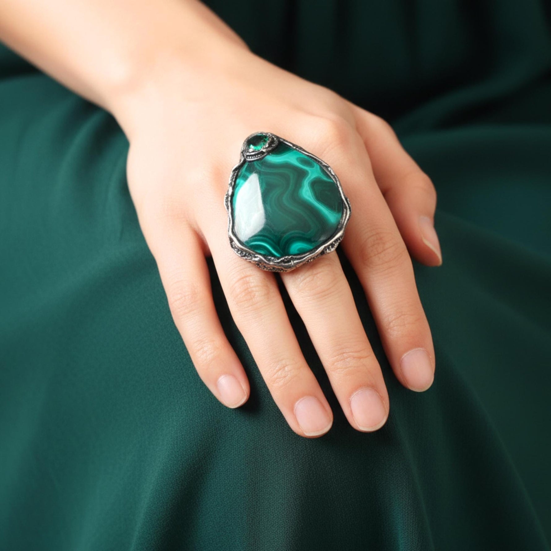 Malachite Green Stone Ring Statement Huge Big Cocktail Ring