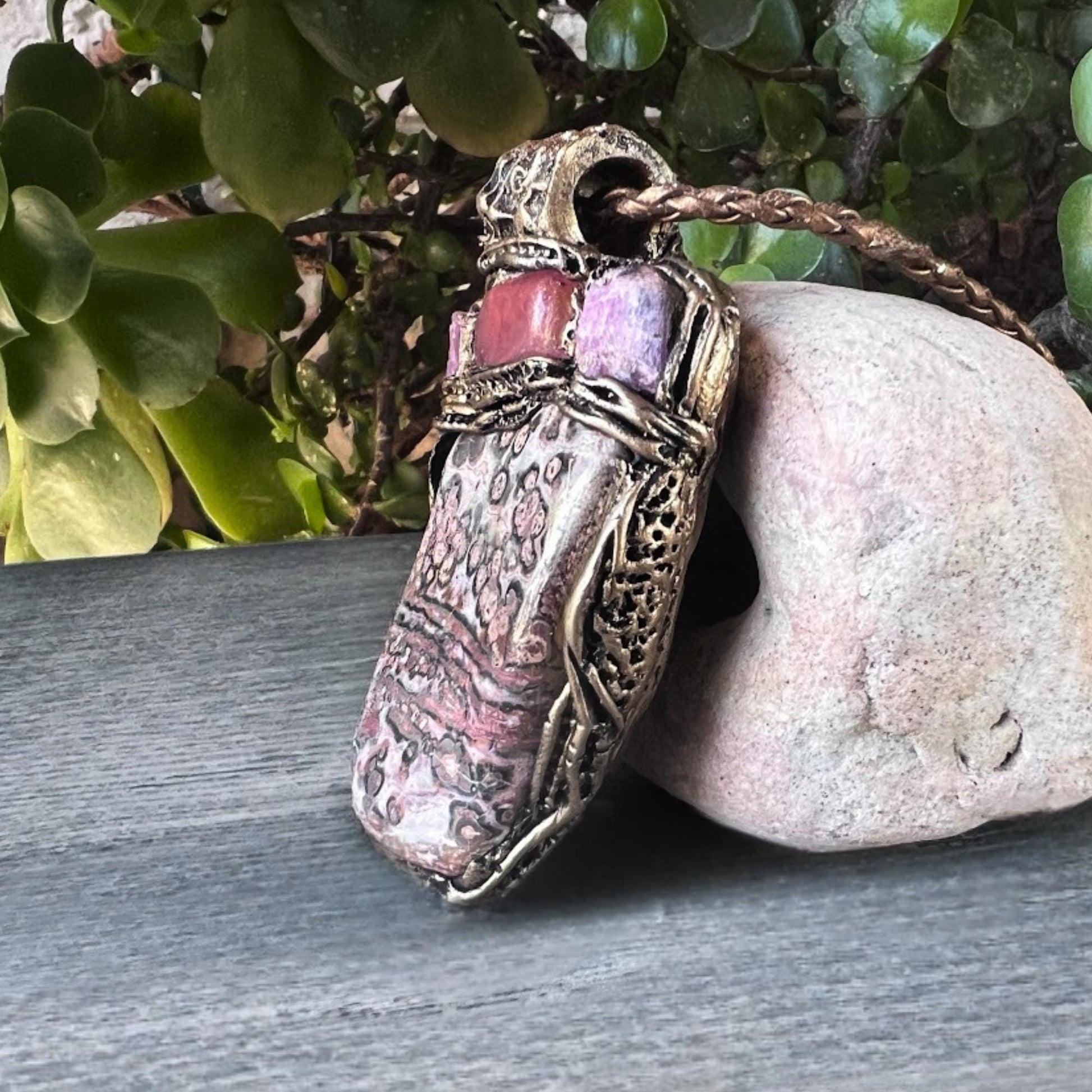 Leopard Skin Jasper Raw Ruby and Cherry Quartz Large Stone Pendant Necklace