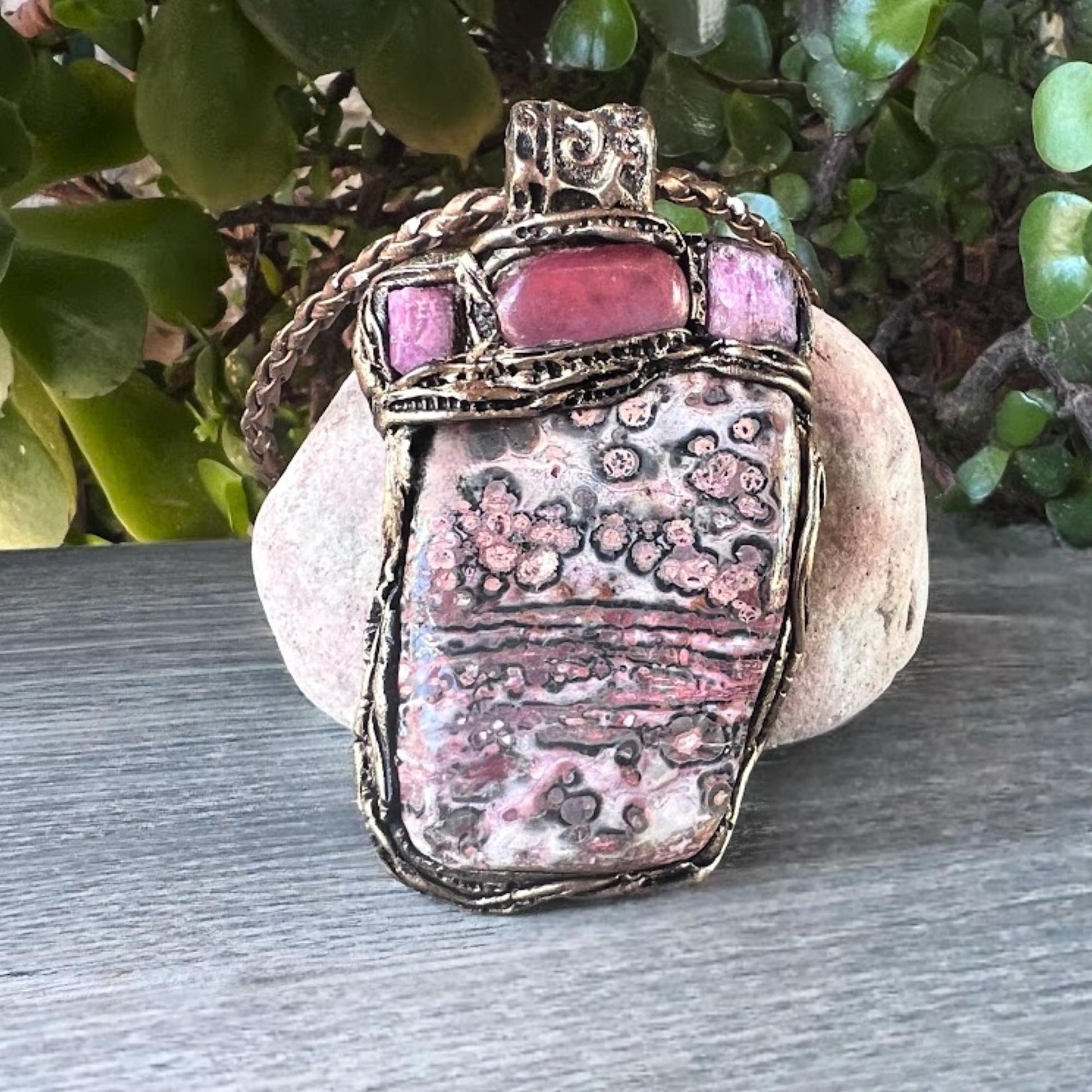 Leopard Skin Jasper Raw Ruby and Cherry Quartz Large Stone Pendant Necklace