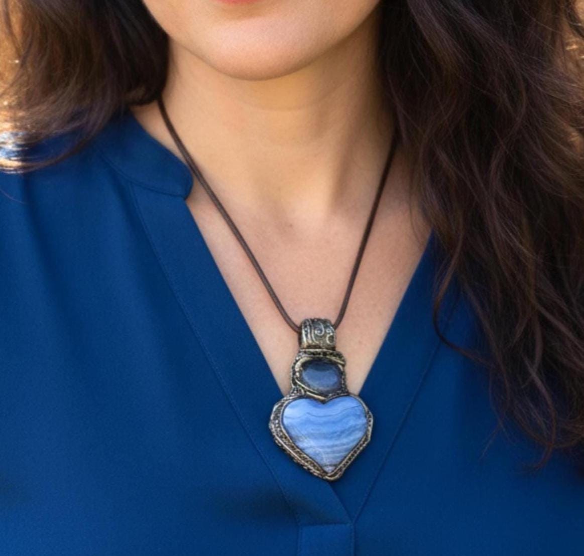 Blue Lace Agate and Chalcedony Chunky Heart Ring -  Large Stone Cocktail Ring