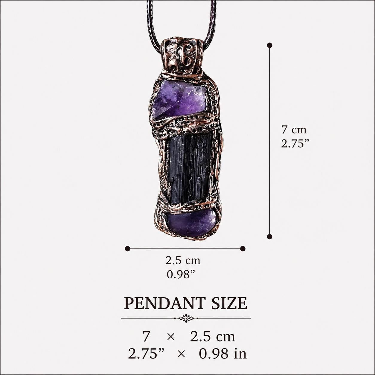 Black Tourmaline and Amethyst Pendant Necklace -  Empath Protection Crystal Amulet