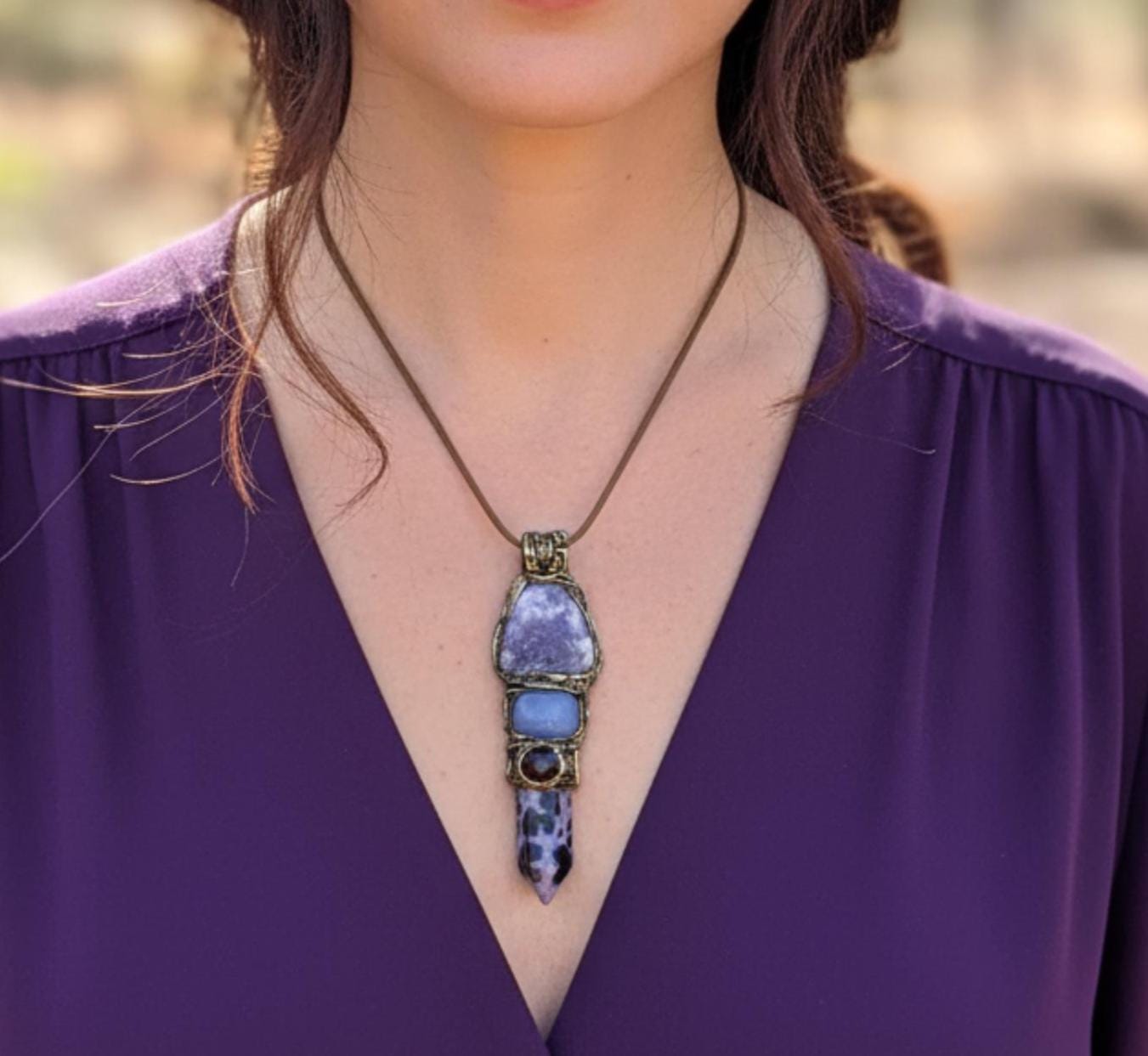 Lepidolite Charoite and Chalcedony Necklace - Purple Crystal Amulet