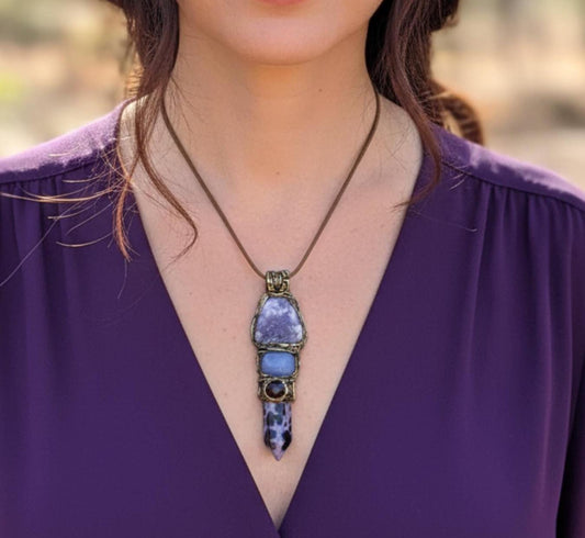 Lepidolite Charoite and Chalcedony Necklace - Purple Crystal Amulet