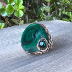 Chunky Malachite Green Stone Ring - Unique Statement Cocktail Jewelry