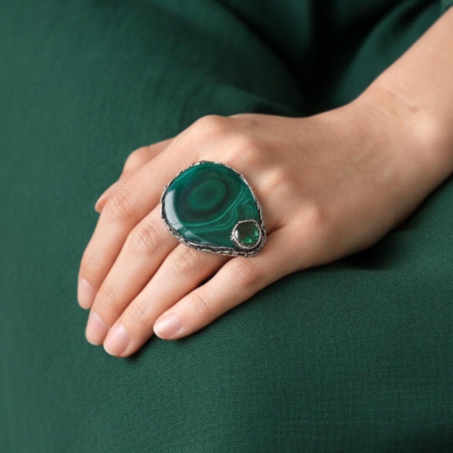 Chunky Malachite Green Stone Ring - Unique Statement Cocktail Jewelry