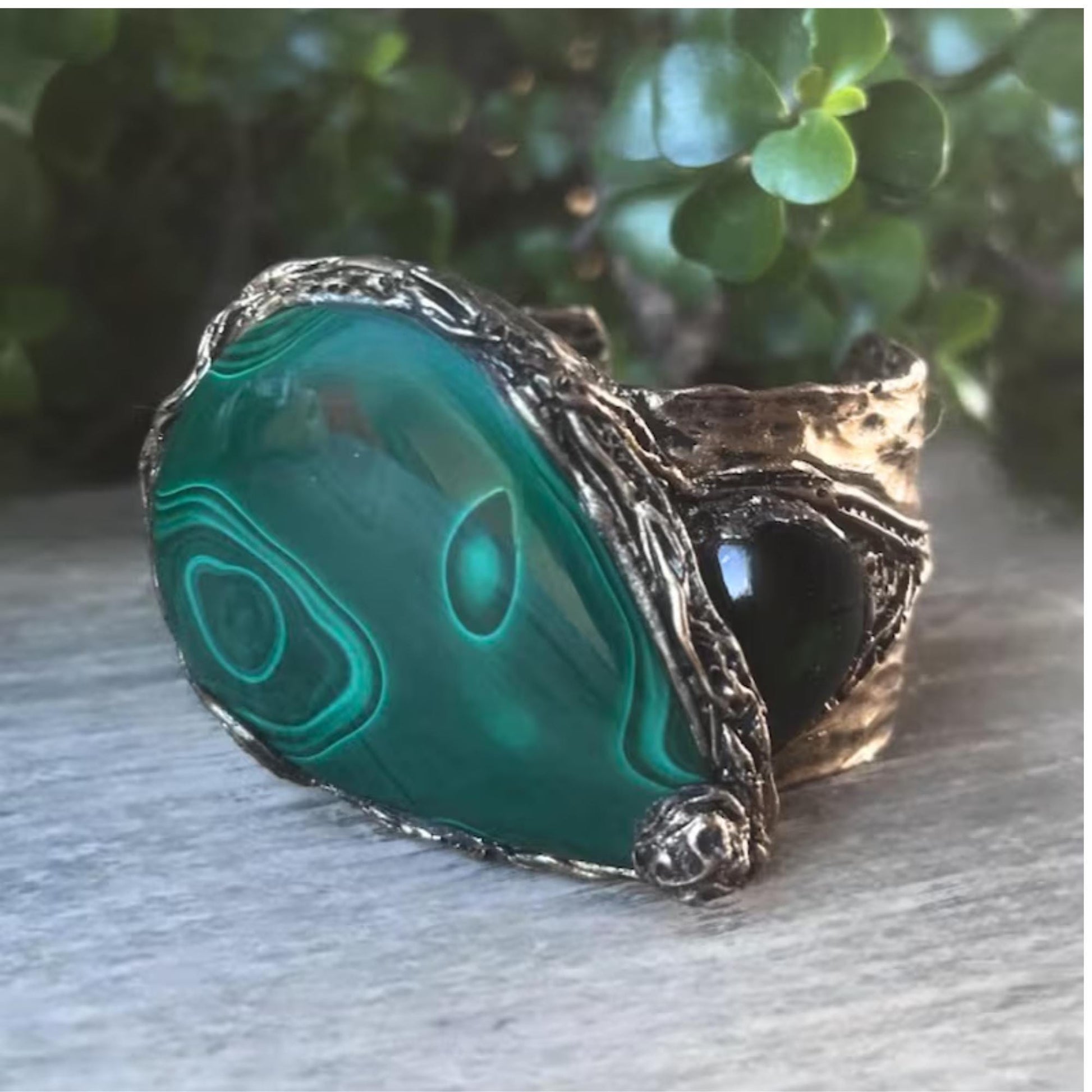 Chunky Malachite Green Stone Ring - Unique Statement Cocktail Jewelry