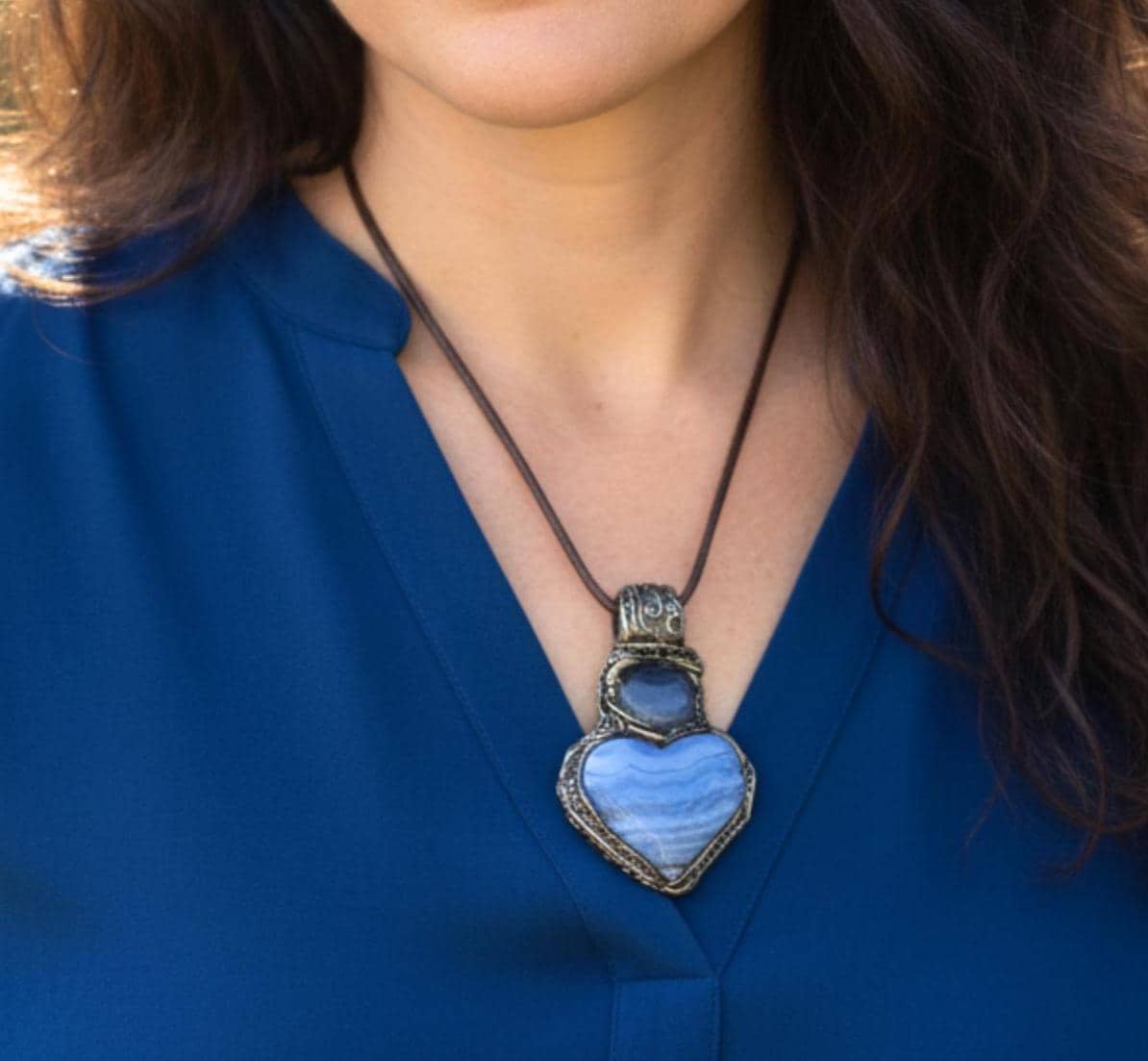 Blue Lace Agate and Chalcedony Heart Stone Pendant Necklace - Healing Crystal Amulet