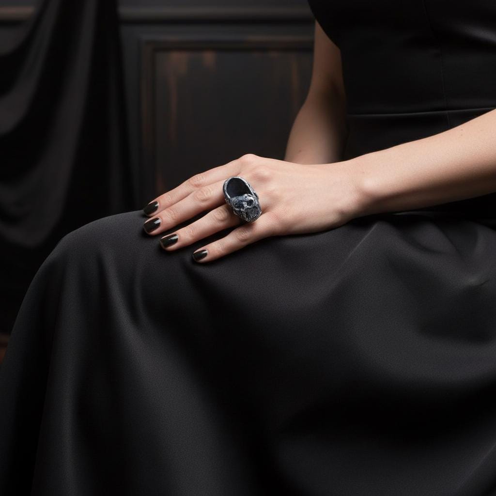 Black Onyx Skull Ring -  Gothic Sculptural Statement Ring for Women