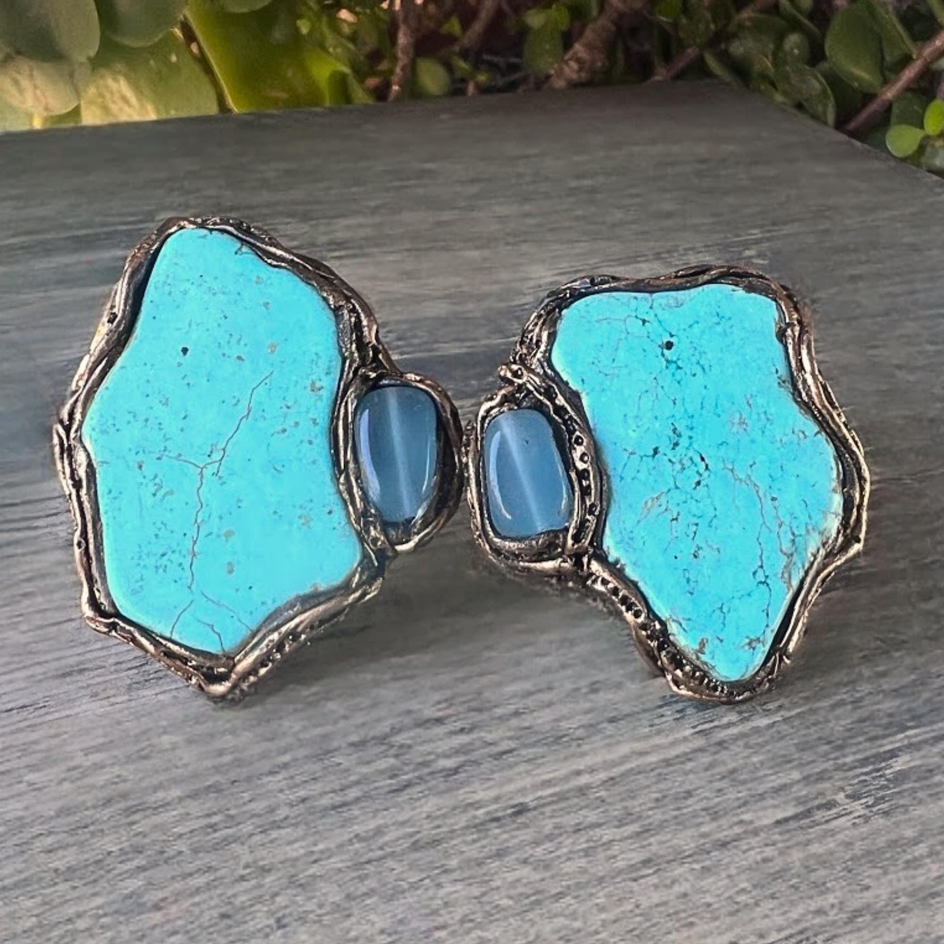 Turquoise and Chalcedony Statement Earrings -  Large Stone Clip-On Earrings