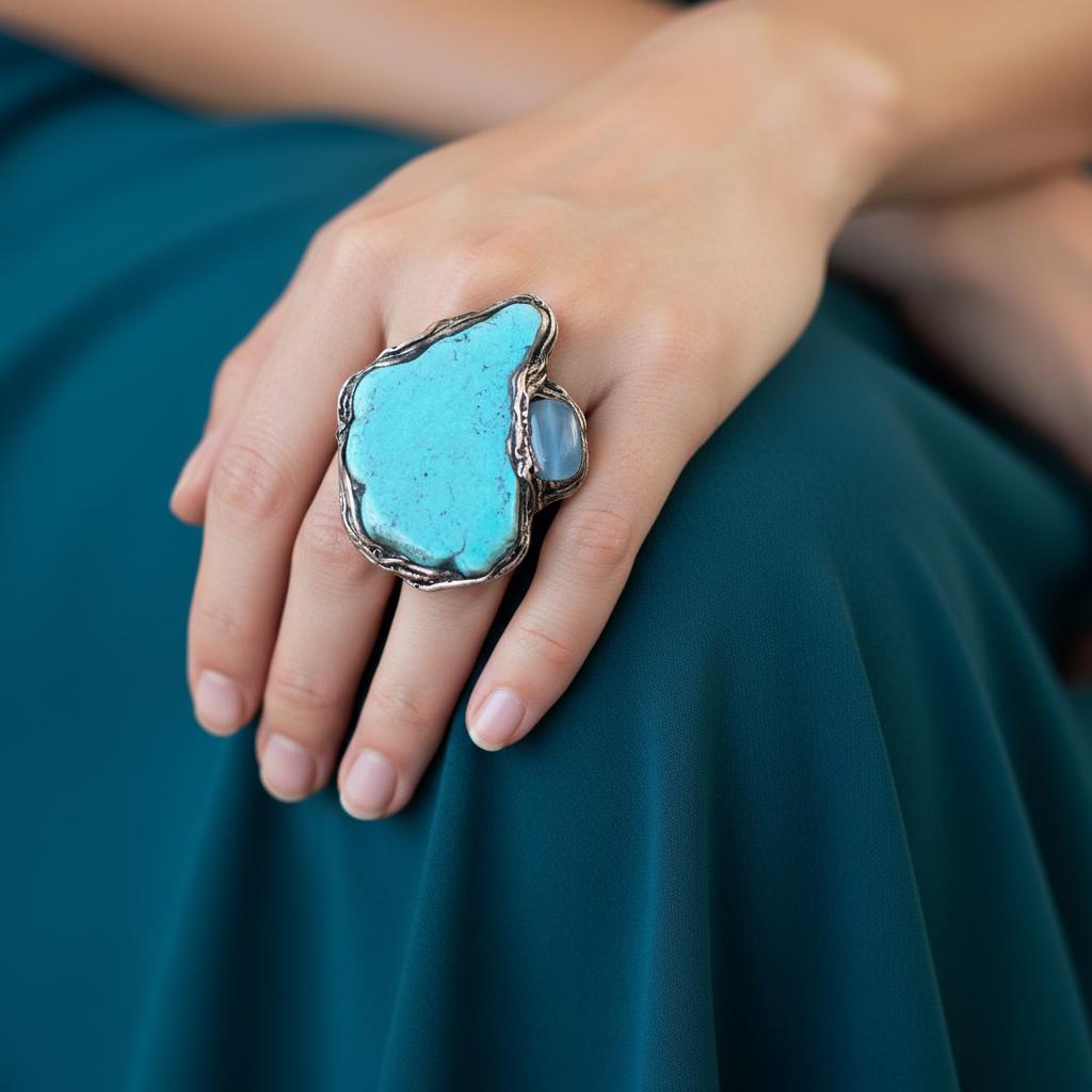 Turquoise and Chalcedony Statement Earrings -  Large Stone Clip-On Earrings