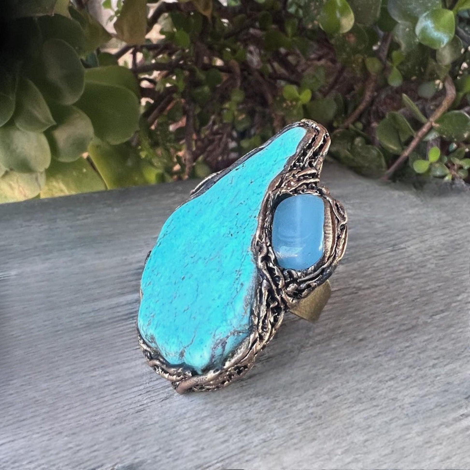 Turquoise Howlite and Chalcedony Large Statement Ring Oversized Cocktail Ring